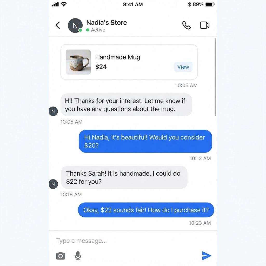 BLOM in-chat commerce showing a shared product card in a message